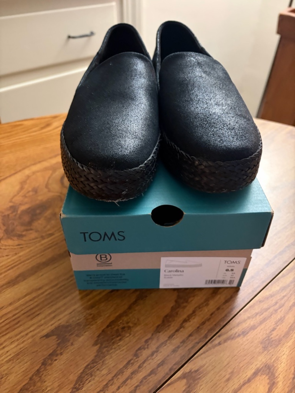 TOMS Black Slip-On Woven-Trim Platform Espadrilles